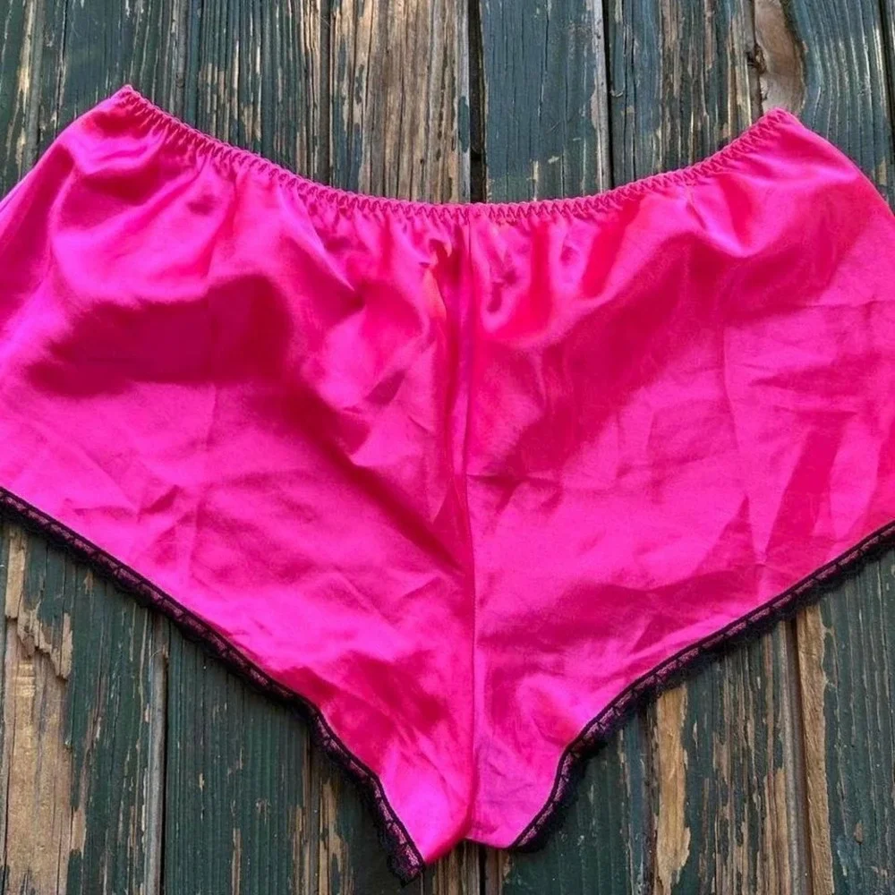 George Womens Hot Pink‎ Satin Tap Shorts Black Lace Trim Sleepwear Lounge L